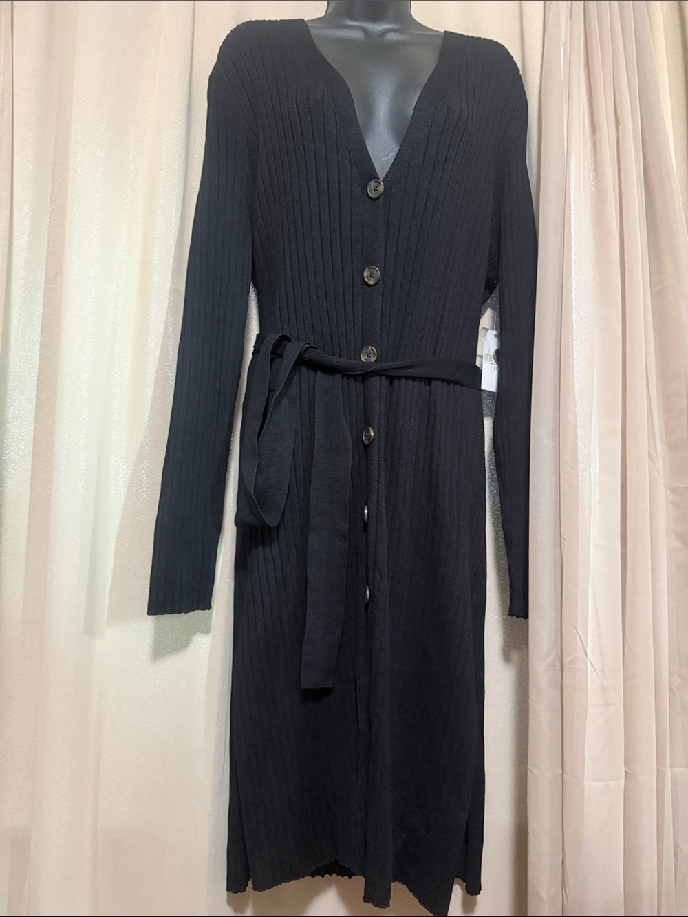Black Ribbed Button-Front Belted Dress-Time and Tru